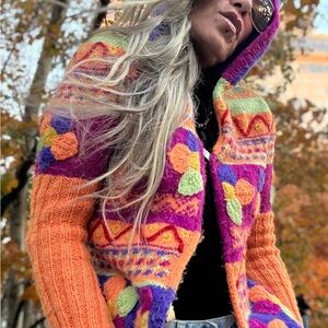 Handmade Colorful Wool Knit Hoodie – Crochet & Knit Mixed, Warm & Unique